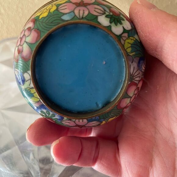 Cloisonné Bird Egg Blue Enamel Floral Vintage Trinket Round Box - Picture 5 of 11